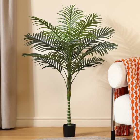 Artificial Golden Cane Palm Plants 4 Feet Fake Tree for Home Decor Indoor Outdoor Faux Areca Palm Tree in Pot for Home Office Perfect Housewarming Gift,Set of 1