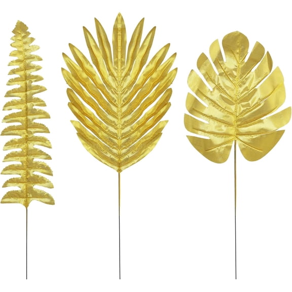 Artificial Golden Leaves with Stems Fake Gold Plants Foliage Stems Simulation Monstera Palm Leaves for Wedding DIY Wreath Crafts Christmas Tree Decors