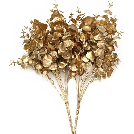 Artificial Golden Plants for Christmas Decor, Plastic Grass Faux Shrubs Fake Leaves Simulation Bushes for Indoor/Outdoor Decor, Table Centerpieces, Planter Filler -Gold Eucalyptus 2 Pack