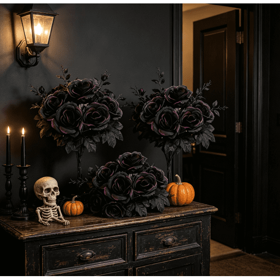 Artificial Gothic Roses Bouquet, Black and Purple Rose Stems, Faux Flowers for Halloween, Gothic Home Decor,3 Pack