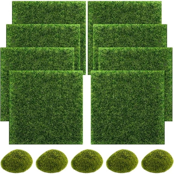 Artificial Grass, 8Pack Life-Like Garden Lawn with 5Pcs Artificial Moss Rocks-Miniature Ornament Garden Fairy Accessories for Dollhouse DIY Decoration