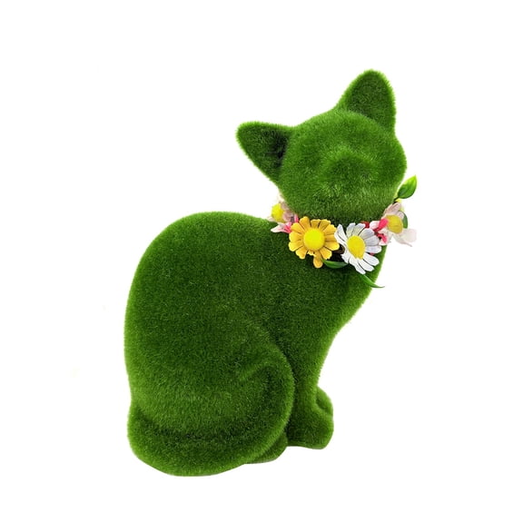 Artificial Grass Cat Figurine with Daisy Flower Collar Decorative Animal Sculpture for Home Garden Office Desk Shelf