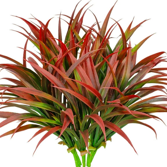 Artificial Grass Fake Shrubs 10Pcs UV Resistant Greenery Faux Outdoor Plastic Plants for Home Patio Window Garden Hanging Flowers Pathway Front Porch Decor(Autumn Red)