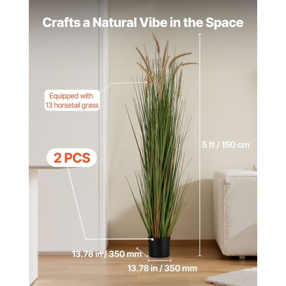 Artificial Grass Plant,2 Pack 59"Horsetail Reed Grass in Pot,Premium PVC Faux Fake Greenery Shrubs Plant for Indoor Outdoor House Home Garden Office Room Dcor,Housewarming,Green