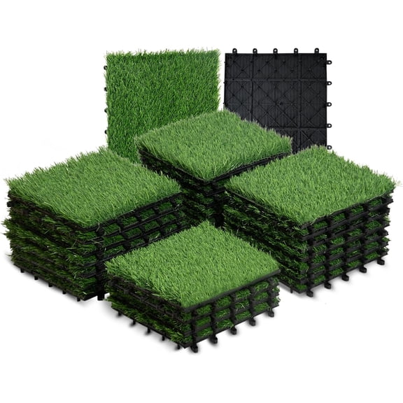 Artificial Grass Tiles Outdoor, Turf Squares 12x12 in, Pack 27, Self-draining Artificial Grass Squares with Interlocking Synthetic Grass Pads, Self-Draining Fake Grass for Pets and Dogs