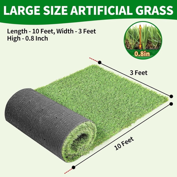 Artificial Grass Turf 3 Feet X 10 Feet, Outdoor Faux Fake Grass Rug with Drainage Holes, 0.8" Height Perfect Artificial Grass Turf for Garden Lawn Balcony Pet Landscape Decoration
