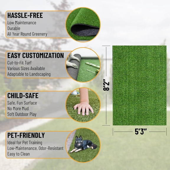 Artificial Grass Turf 5'3" x 8'2" Indoor Outdoor Faux Grass Rug with Drainage Holes, Customizable with Extra Long Size Options, Perfect for Lawn Balcony Weddings Photoshoot Backdrop