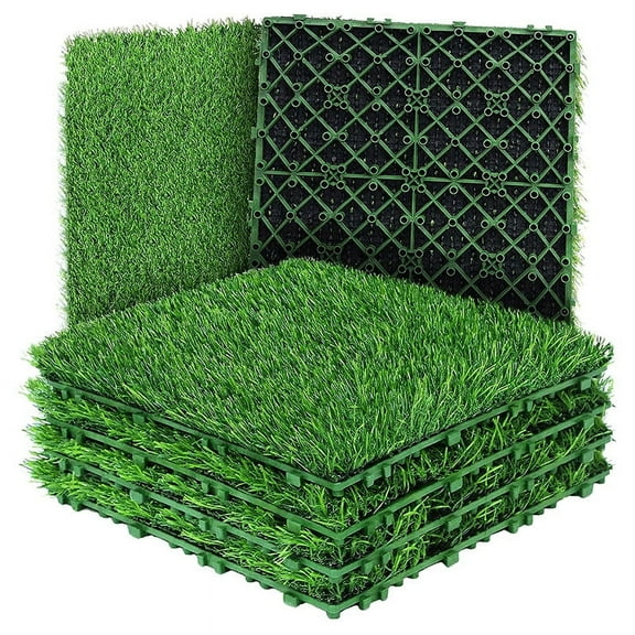 Artificial Grass Turf Tiles Interlocking Set 10 Pieces, Square Fake Grass Tiles Self-draining for Pet Indoor/Outdoor Flooring Decor, 12"x12"