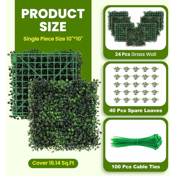 Artificial Grass Wall Panel - 24 Pack 10"x10" Boxwood Panels for Greenery Wall Decor Faux Greenery Outdoor Privacy Fence Panel Screen Grass Backdrop for Wall, Wedding, Balcony, Backyard,