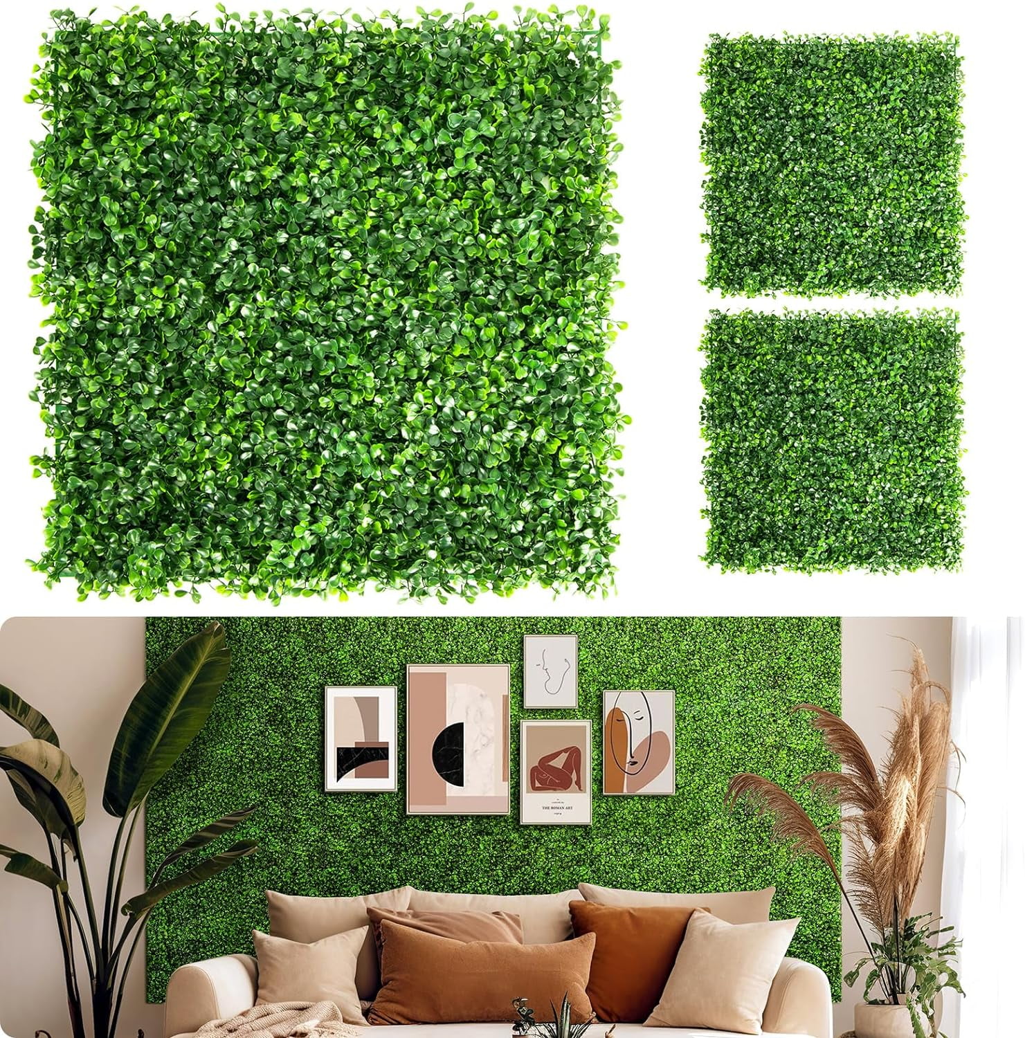 12 Pack Artificial Grass Wall Panels 10x10 with Zip Ties, Ideal for Garden, Yard, Fence Decor