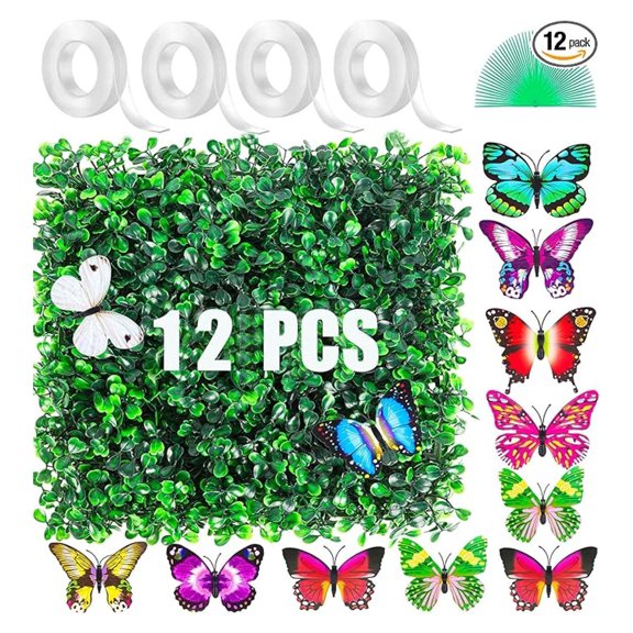 Artificial Grass Wall Panels 12-Pack, 10x10in Boxwood Hedge, Indoor Outdoor Decor with Tape & Zip Ties