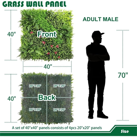 Artificial Grass Wall Panels 40x40 Inch Greenery Backdrop Faux Boxwood Panel Fake Hedge for Garden Wedding Decor Outdoor Privacy Fence, 1 Pack Mixed