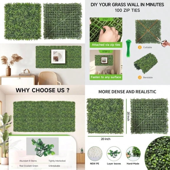 Artificial Grass Wall Panels 8 PCS 20x20 inch Boxwood Hedge Wall Panels with 100 Zip Ties Boxwood Panels Backdrop for Outdoor Indoor Decorative Garden Fences Backyard Patio Privacy Hedge