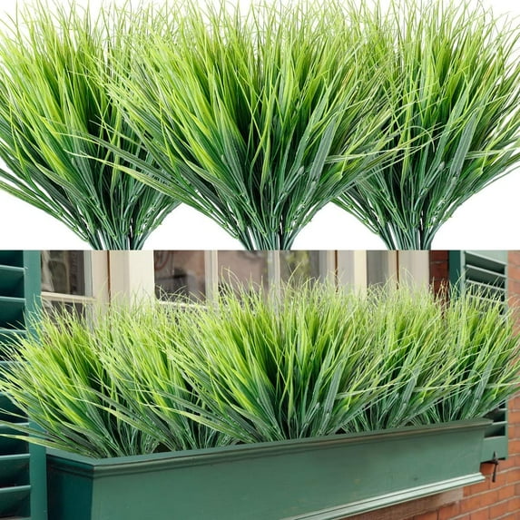 Artificial Grasses 6 Bundles Outdoor Fake Grass No Fade Faux Plastic Plants Garden Window Box Decorating(Green Grass)