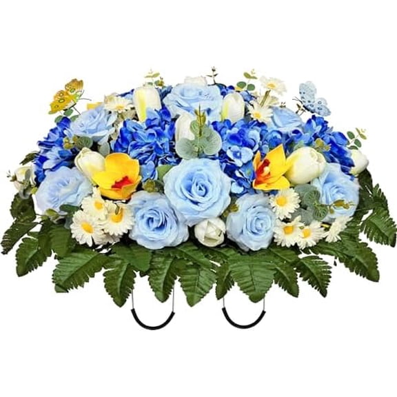 Artificial Grave Flowers for Cemetery Decoration,Sympathy Flower/Memorial Flowers Headstone Flower Saddle,Blue Rose-colorfast$$Home Decor, Kitchen, & Other