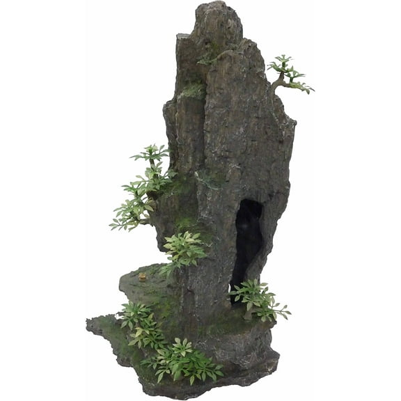 Artificial Gray Rock Peak with Plastic Plants, 14 Inch Tall Aquarium & Fish Tank Decoration Resin Ornament, Landscape Artificial Mountain View Stone Cave