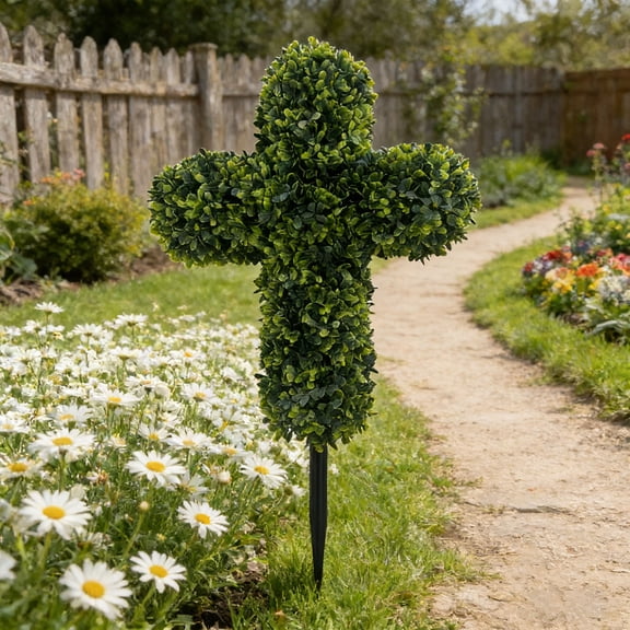 Artificial Green Cross Stake, 24in/60cm Faux Greenery Floor Insert Planter, Outdoor Courtyard Tree Ornament, Religious Decor Stake for Garden, Yard, Patio, Lawn & Outdoor Decoration, Green