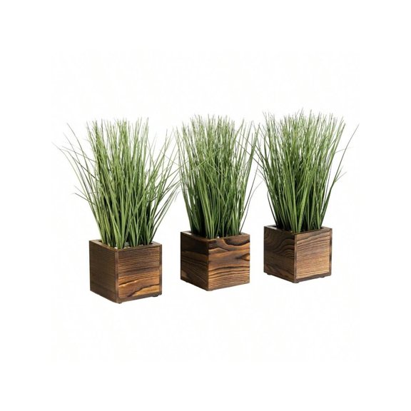 Artificial Green Grass Plants Trio In Rustic Burnt Solid Wood Planter Boxes Faux Greenery In Decorative 4 Inch Square Wooden Containers Set Of 3