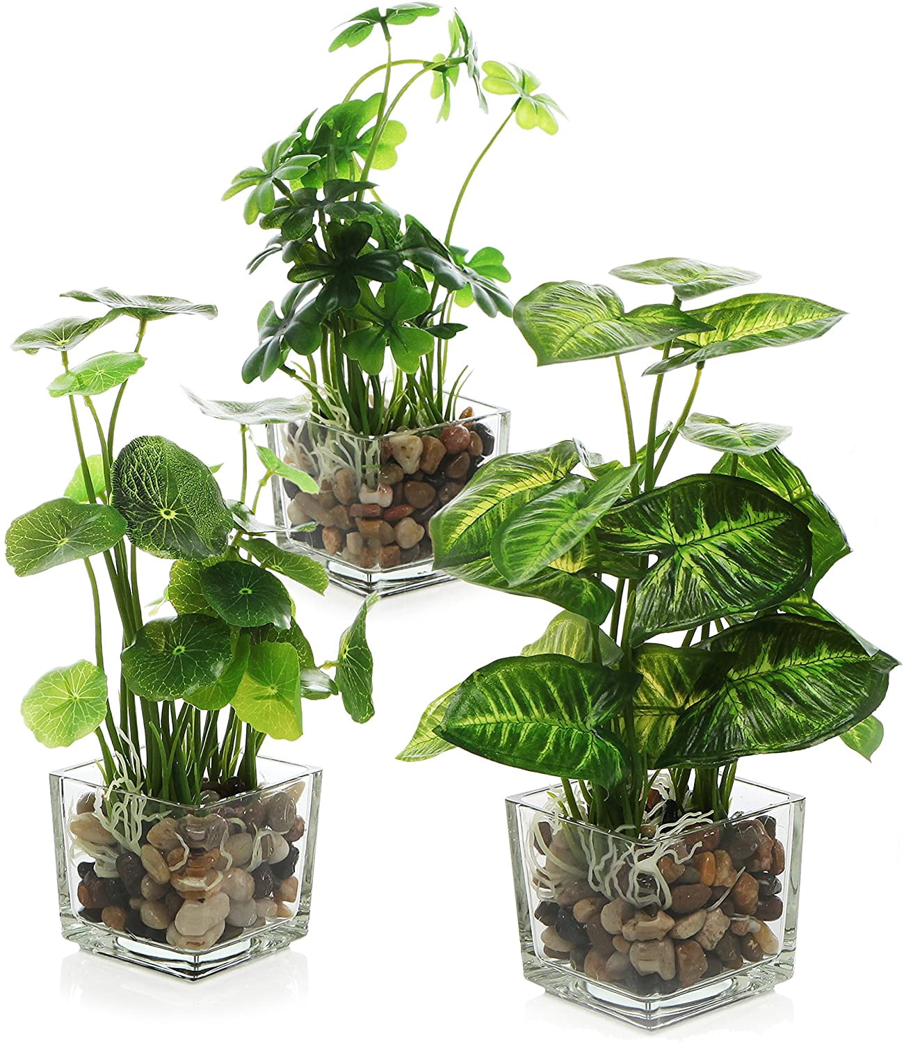 Artificial Green Grass Plants Trio in Rustic Burnt Solid Wood Planter ...