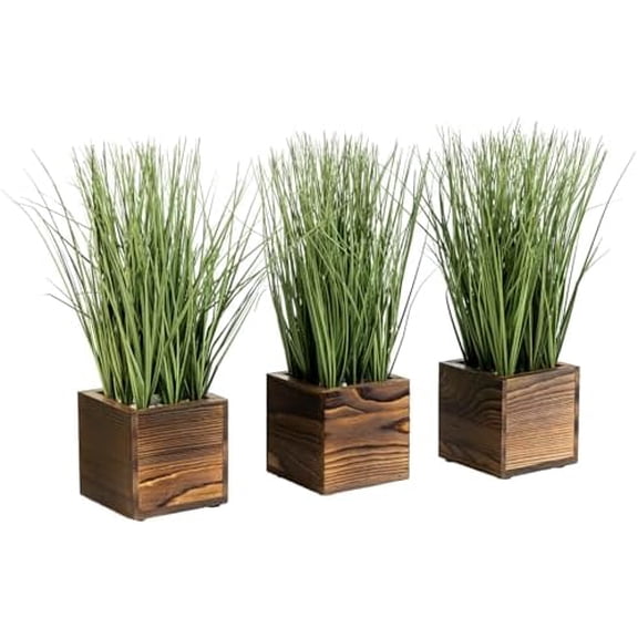 Artificial Green Grass Plants Trio in Rustic Burnt Solid Wood Planter Boxes, Faux Greenery in Decorative 4 Inch Square Wooden Containers, Set of 3
