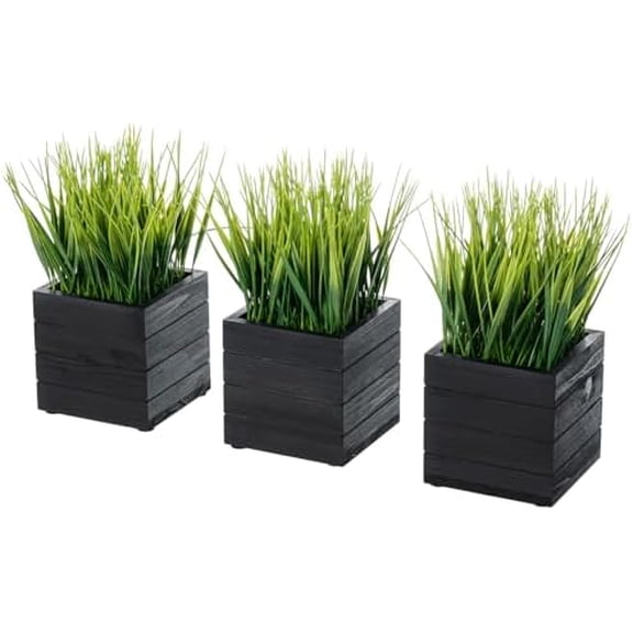 Artificial Green Grass Plants in Vintage Black Wood 4 Inch Planter Boxes, Faux Greenery in Decorative Square Crate Style Wooden Containers, Set of 3