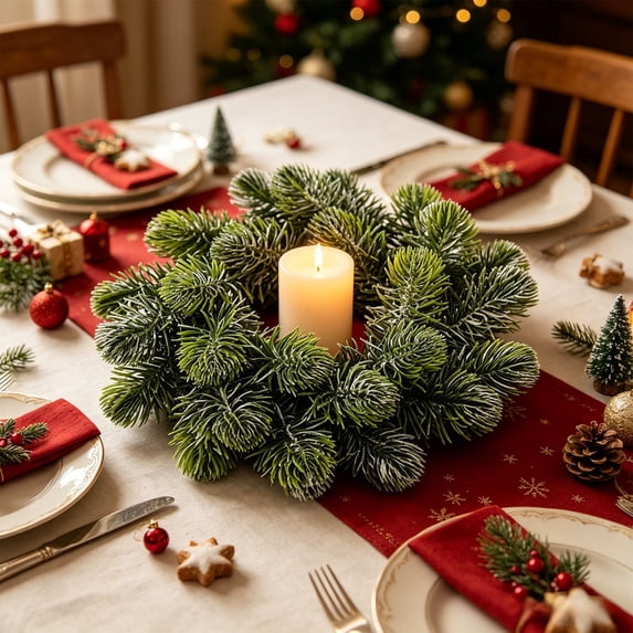 Artificial Green Leaves Candle Ring Wreath, Mini Plastic Candle Holder for 3-4 Inch Pillar Candles, Festive Christmas Table Centerpiece Garland Decor for Fireplace Mantel Dinner Party Home Holiday