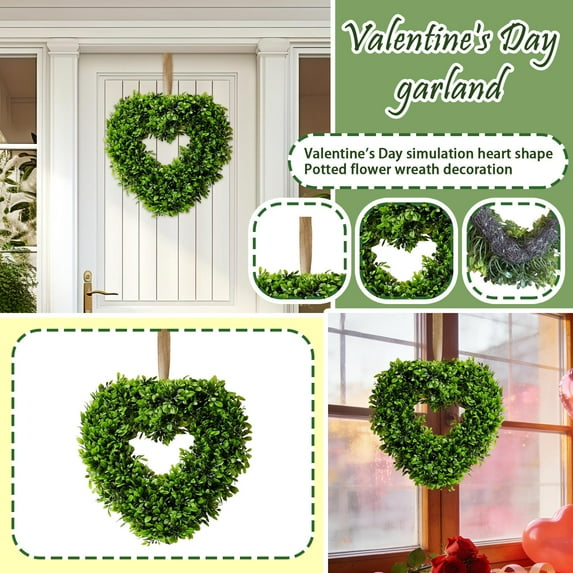 Artificial Green Leaves Wreath for Front Door, Heart Shaped Simulation Garland, Preserved Boxwood Wreath for Home Wall Window Farmhouse Hanging Decoration