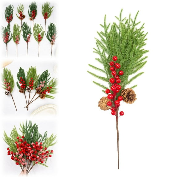 Artificial Green Pine Needles Branches Fake Small Pine Twigs Stems Evergreen Picks Holiday Tree Decorations, Faux Picks Spray With Pinecones For Vases House Decor Artificial Berry Stems For Vase