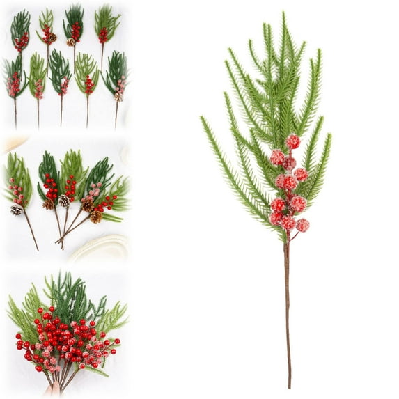 Artificial Green Pine Needles Branches Fake Small Pine Twigs Stems Evergreen Picks Holiday Tree Decorations, Faux Picks Spray With Pinecones For Vases House Decor Artificial Berry Stems For Vase