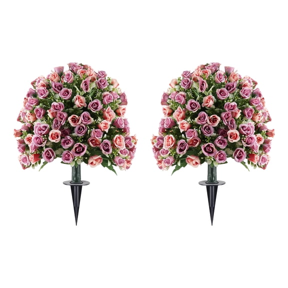 Artificial Green Plant Ground Stakes, 2-Piece Set For Spring/Summer Outdoor Garden Decor, Home Ornament Purple Mini Roses