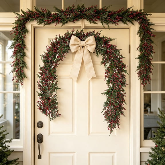 Artificial Green Vines, Red Berry Garland, Outdoor Patio Decoration, Weather Resistant Plastic Material