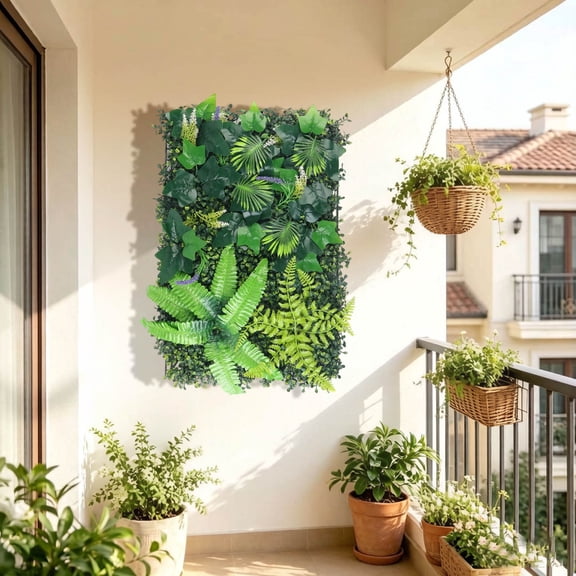 Artificial Green Wall Panel with Flowers, Realistic Foliage Hedge Mat for Indoor Outdoor Decor, Privacy Screen Greenery Backdrop for Balcony, Garden & Patio