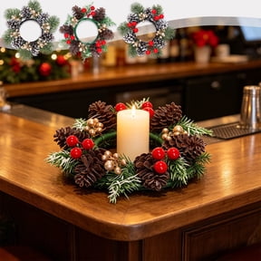 Artificial Greenery Candle Ring Wreath, 7.87 in Multicolor Plastic Table Centerpiece for 3-4 in Candles, Holly Design A
