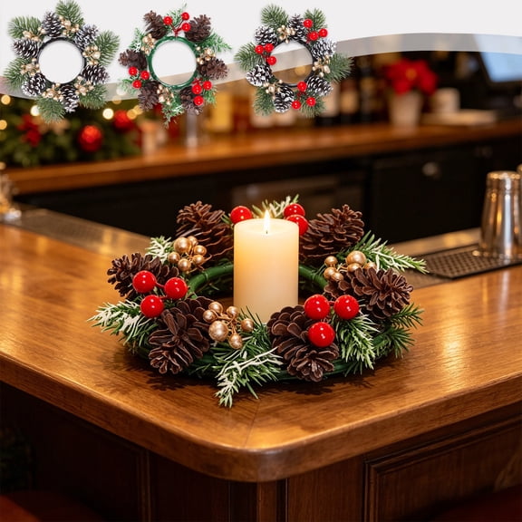 Artificial Greenery Candle Ring Wreath, 7.87 in Multicolor Plastic Table Centerpiece for 3-4 in Candles, Holly Design C
