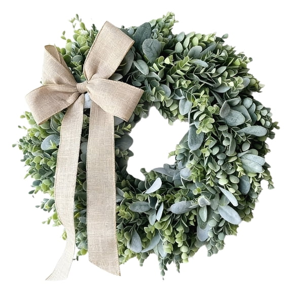 Artificial Greenery Leaves Wreath for Front Door 17.72 Inch Greenery Boxwood Wreath with Eucalyptus Linen Bow for Spring Summer Farmhouse Wall Home Indoor Outdoor Decor