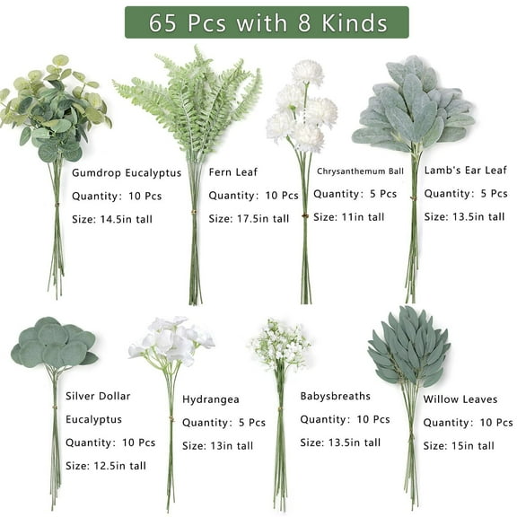 Artificial Greenery Stems Box Set,65Pcs with 8 Kinds of Faux Greenery Branches