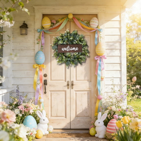 Artificial Greenery Wreath for Easter, Plastic Door Hanging Home Decor, Lightweight Shop Window Display Prop for Classroom Office Retail Entryway Spring Festive Decoration