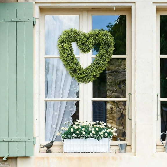 Artificial Greenery Wreath, Heart Shaped 18.5 Inch Artificial Boxwood Wreath, Simulation Green Plant Garland Decorative Hanging Wreath, Home Wall Front Door Window Wedding Arch Farmhouse Decor