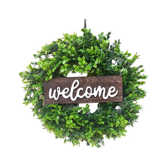Artificial Greenery Wreath with Welcome Sign, Farmhouse Style Boxwood Front Door Wreath for Year Round Outdoor Indoor Decor, Spring Summer Porch Hanging Welcome Wreath
