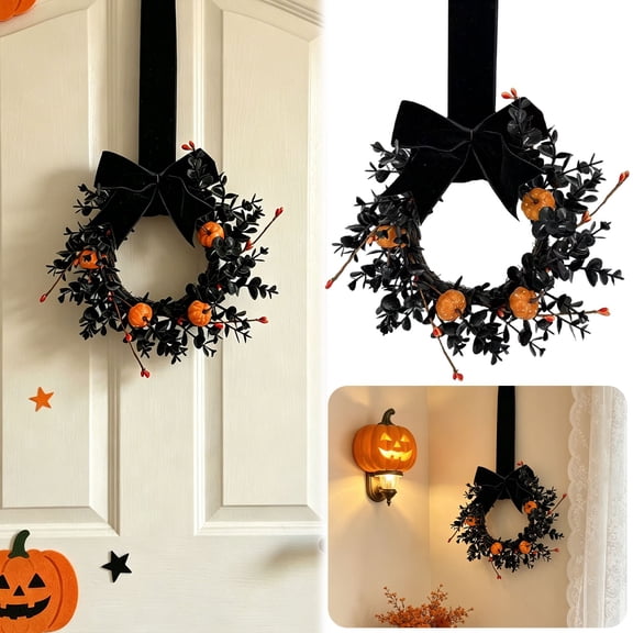 Artificial Halloween Black Grapevine Wreath 9" Round Rattan Twig Branch Wreath with Boxwood Pumpkin and Velvet Bow Hanging Rope Gothic Kitchen Cabinet Wreaths for Home Party