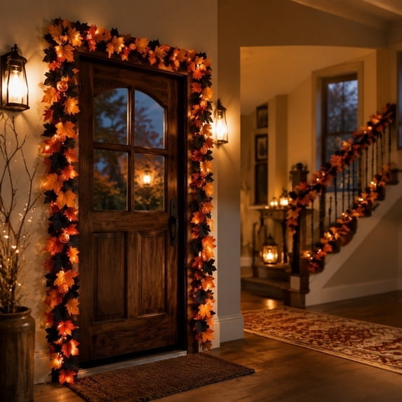 Artificial Halloween Maple Leaf Garland Black and Orange Fall Hanging Vine for Front Door Fireplace Stair Railing Party Decor 68.9 inch B