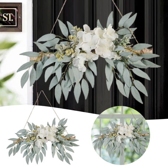 Artificial Handmade Floral Garland Wall Decor with White Hydrangea Flowers and Leaves Decorative Log Branch Hanging Hoop for Wall Window Bohemian
