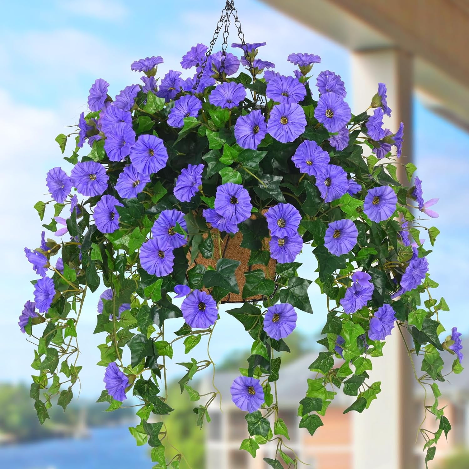 Artificial Hanging Baskets with Flowers, Fake Hanging Plants Outdoors, Faux Silk Flowers for