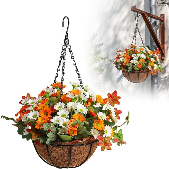 Artificial Hanging Baskets For Outdoors, Realistic Hanging Flower Basket With Colorful Faux Blooms, Decorative Hanging Planter For Porch Patio Yard Window Indoor Home Decor