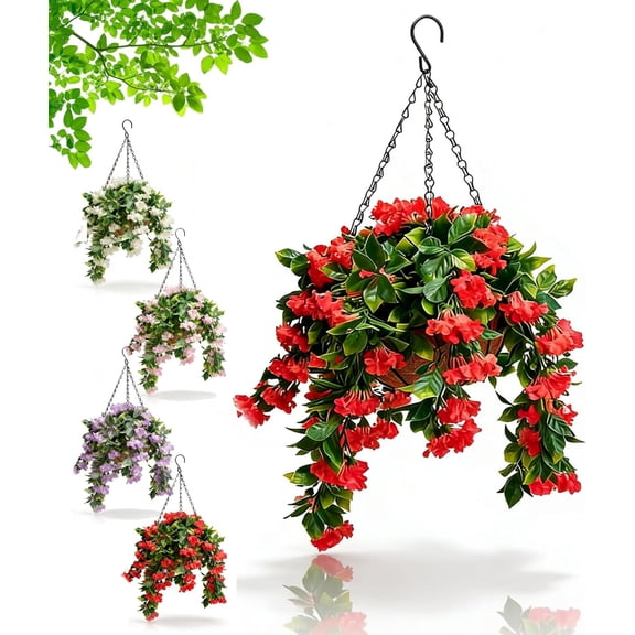 Artificial Hanging Baskets Set of 2 - 15" Faux Crepe Myrtle Flowers, UV Resistant Fake Hanging Plants for Outdoor Patio Porch Decor, No Watering Spring Summer Home Garden Decoration (Red)