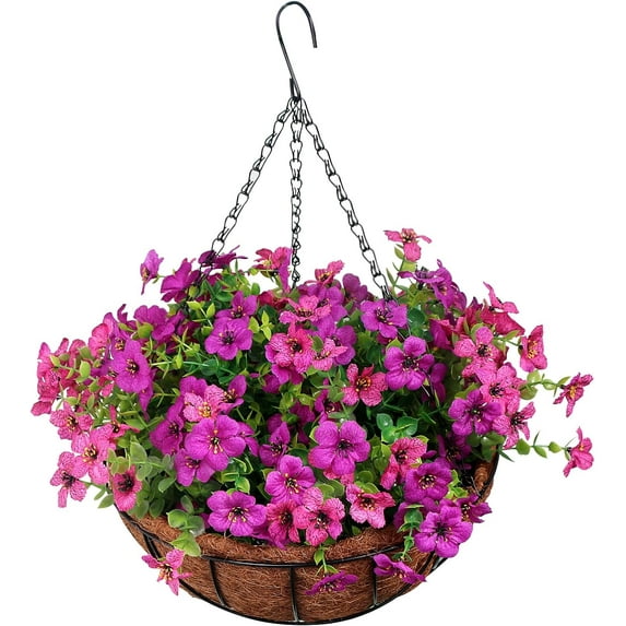 Artificial Hanging Baskets with Flowers - 12 Inch Fake Rose Flowers in Hanging Basket for Outdoors Garden Patio Porch Deck Yard Decoration