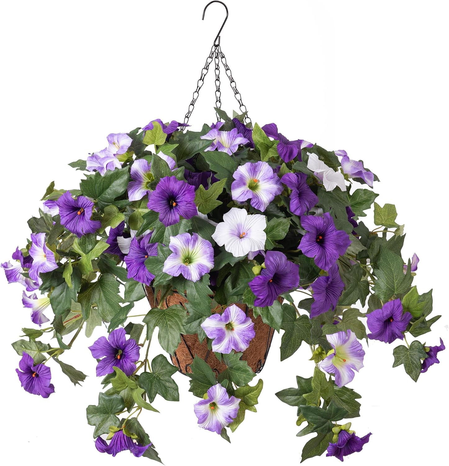 Artificial Hanging Fake Flowers with Basket Plants for Outdoor Spring Decoration, Faux Silk Flower UV Resistant Morning Glory for Home Porch Patio Garden Balcony Yard Look Real (Purple White)