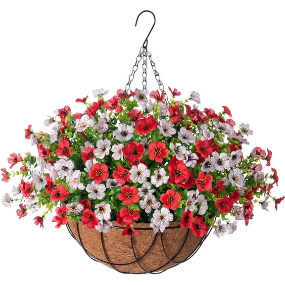Artificial Hanging Faux Flowers Basket, Fake Silk Daisy Eucalyptus Plants Arrangement,for Spring Summer Outdoor Decoration,UV Resistant, Coconut Planter,Look Real for Home Garden Decor (Multi Color)