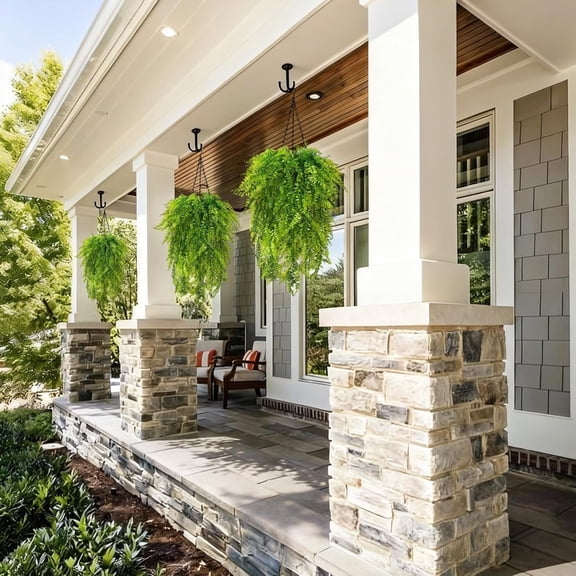 Artificial Hanging Fern Baskets for Outdoor Porch Balcony Home Decor - Realistic Fake Ferns with Plastic and Steel Chains - 2 Set Green