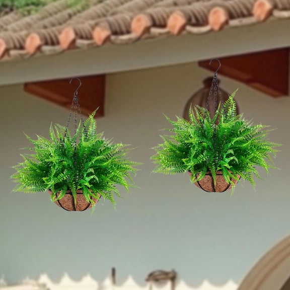 Artificial Hanging Fern, Greenery with Basket for Indoor & Outdoor Patio Decor ï¼13.8" ï¼